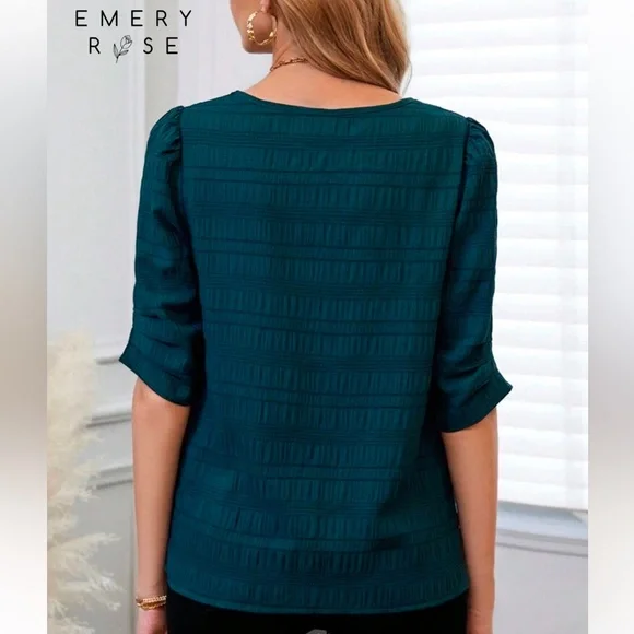 SHEIN Emery Rose turquoise blouse sleeves notched v-neck top shirt dark green - Picture 2 of 3